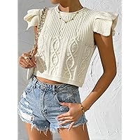 Women's Tops Women's Shirts Sexy Tops for Women Flutter Sleeve Textured Knit Top (Color : Beige, Size : Small)