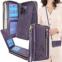 Lacass Compatible with iPhone 14 PRO MAX 6.7 inch 2022 Case Crossbody Dual Zipper Detachable Magnetic Leather Wallet Phone case Cover (Floral Dark Purple)
