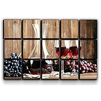 X-Large 15 Piece Red Wine and Grapes Wall Art Decor Picture Painting Poster Print on Canvas Panels Pieces - Food and Cooking Theme Wall Decoration Set - Wine Glasses Wall Picture for Kitchen