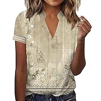 COTECRAM Womens V Neck Summer Tops Short Sleeve Casual Button T Shirts Henley Graphic Printed Dressy Blouses Vacation Outfits