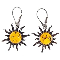 BALTIC AMBER AND STERLING SILVER 925 DESIGNER COGNAC SUN EARRINGS JEWELLERY JEWELRY