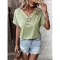 Women's T-Shirt Half Button Batwing Sleeve Tee T-Shirt for Women (Color : Green, Size : Small)