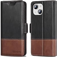KEZiHOME Case for iPhone 15, Genuine Leather Wallet Case for iPhone15, [RFID Blocking] Magnetic Closure Card Slot Shockproof Flip Cover Compatible with iPhone 15 5G 2023' (Black/Brown)