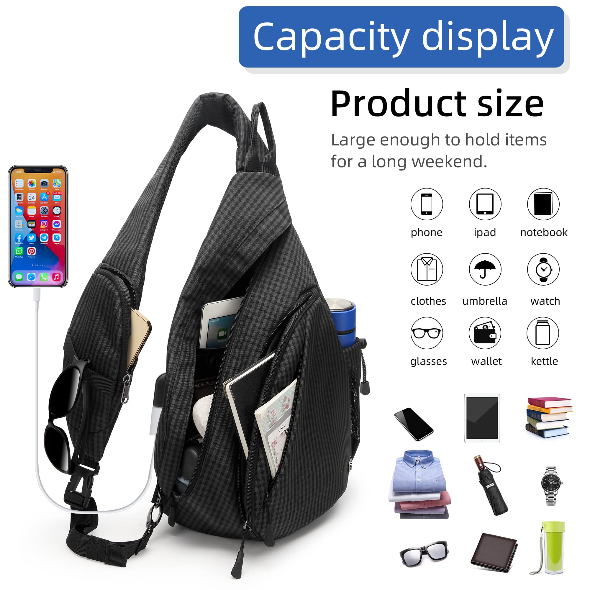 TurnWay Water-Proof Sling bag/Crossbody Backpack/Shoulder Bag with USB Charging Port for Travel, Hiking, Cycling, Camping