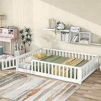 Full Size Floor Bed Frame with Safety Fence and Door, Wood Montessori Floor Bed with Slat Support,Toddler Floor Bed Frame for Kids Girls Boys,No Box Spring Needed, White