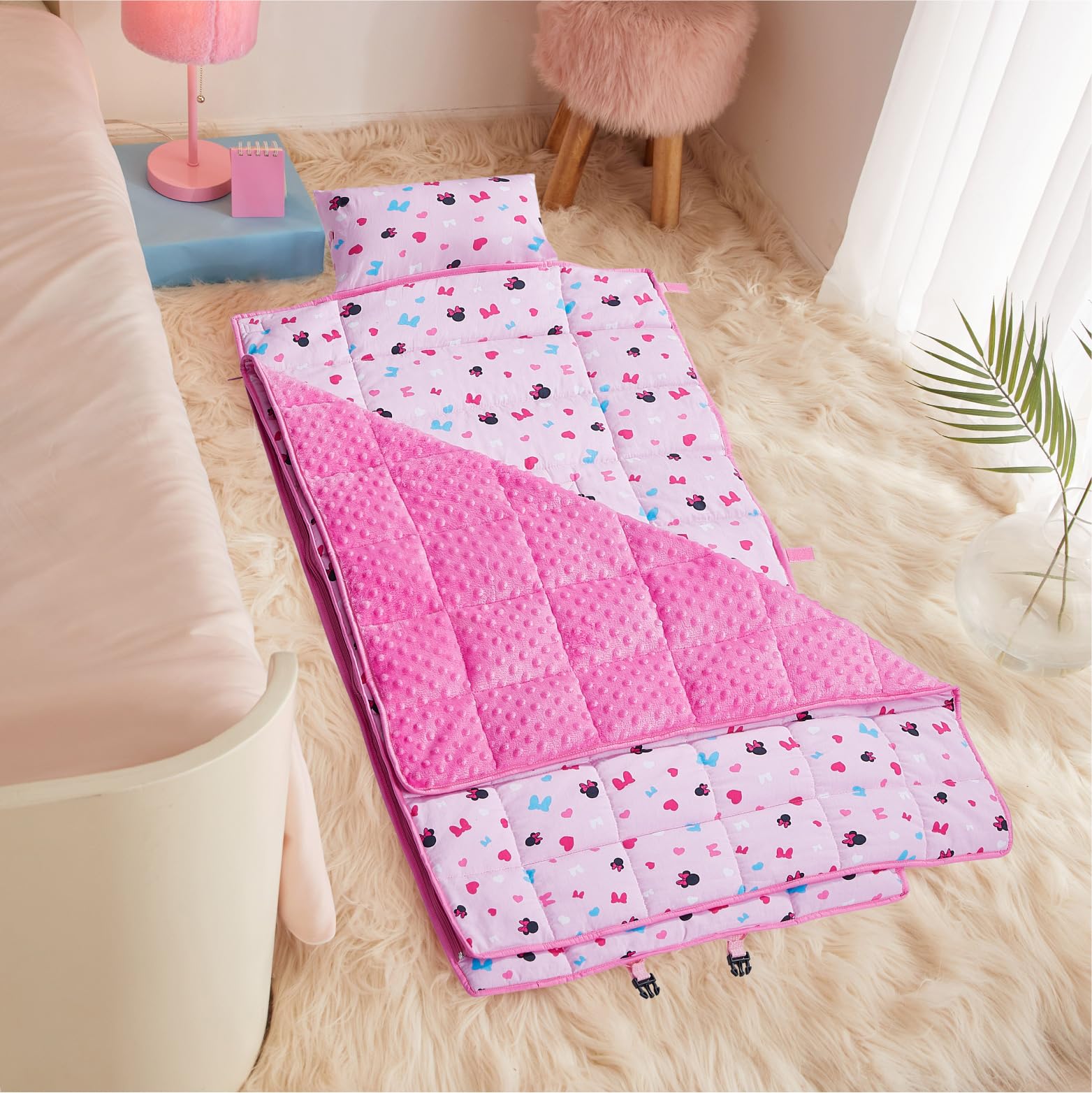 Disney Minnie Mouse 3-in-1 Travel Slumber Nap Mat with Built in Pillow, Plush Blanket and Carry Backpack Straps, 46