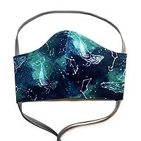 Fitted Green Blue Whale Constellation Face Mask, Little Big Dipper Star Night Sky, triple layer 100% cotton cloth, nose wire filter pocket, Head elastic fabric tie, adult man woman child boy girl