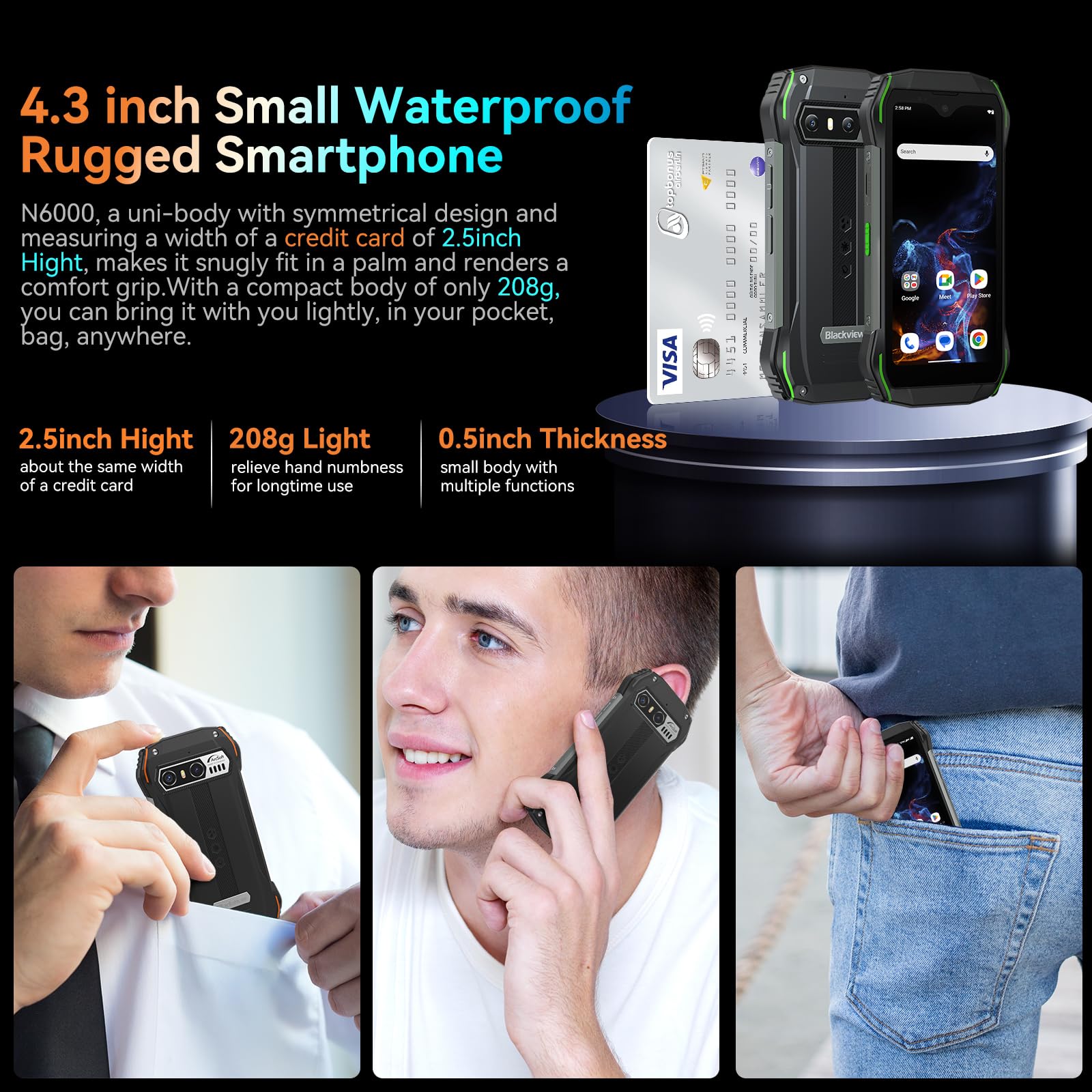 Blackview 4.3 inch Mini Mobile Phone, N6000 Rugged Phones Unlocked 2023, 16GB+256GB, Dual SIM 4G, Android 13 Cell Phone, 208g Weight, 48MP Camera, IP68 Waterproof Phones, 18W Fast Charge 3880mAh, NFC