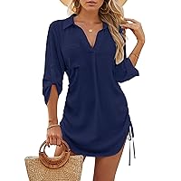 Womens Swimsuit Coverup Swimwear Beach Cover ups Bathing Suit Cover up Drawstring Shirt Dresses 2024