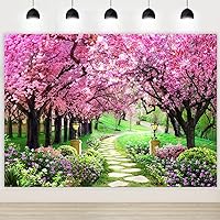 Spring Scenery Backdrop Park Stone Path Bushes Flowers Cherry Blossom Tree Photography Backdrop Natural Scenery Decoration Backdrop Children Adult Portrait Photo Studio Props 8x6Ft