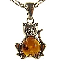 BALTIC AMBER AND STERLING SILVER 925 CAT PENDANT NECKLACE - 14 16 18 20 22 24 26 28 30 32 34