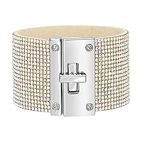 Badgley Mischka Women's Bracelet - Crystal Studded Leatherette Box Clasp Bangle Cuff Wrap Wristband