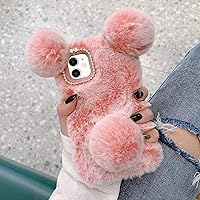 LUVI for iPhone 12 Mini Plush Furry Case Fuzzy Fluffy Ball Rabbit Fur Hair Cute Cartoon Bear Ear with Bling Glitter 3D Diamond Bowknot Camera Protection Cover for iPhone 12 Mini 5.4 inch Pink