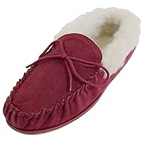 SNUGRUGS Womens Dark Pink Wool Lined Moccasin Slippers with Rubber Sole & Wool Cuff. Size US 10