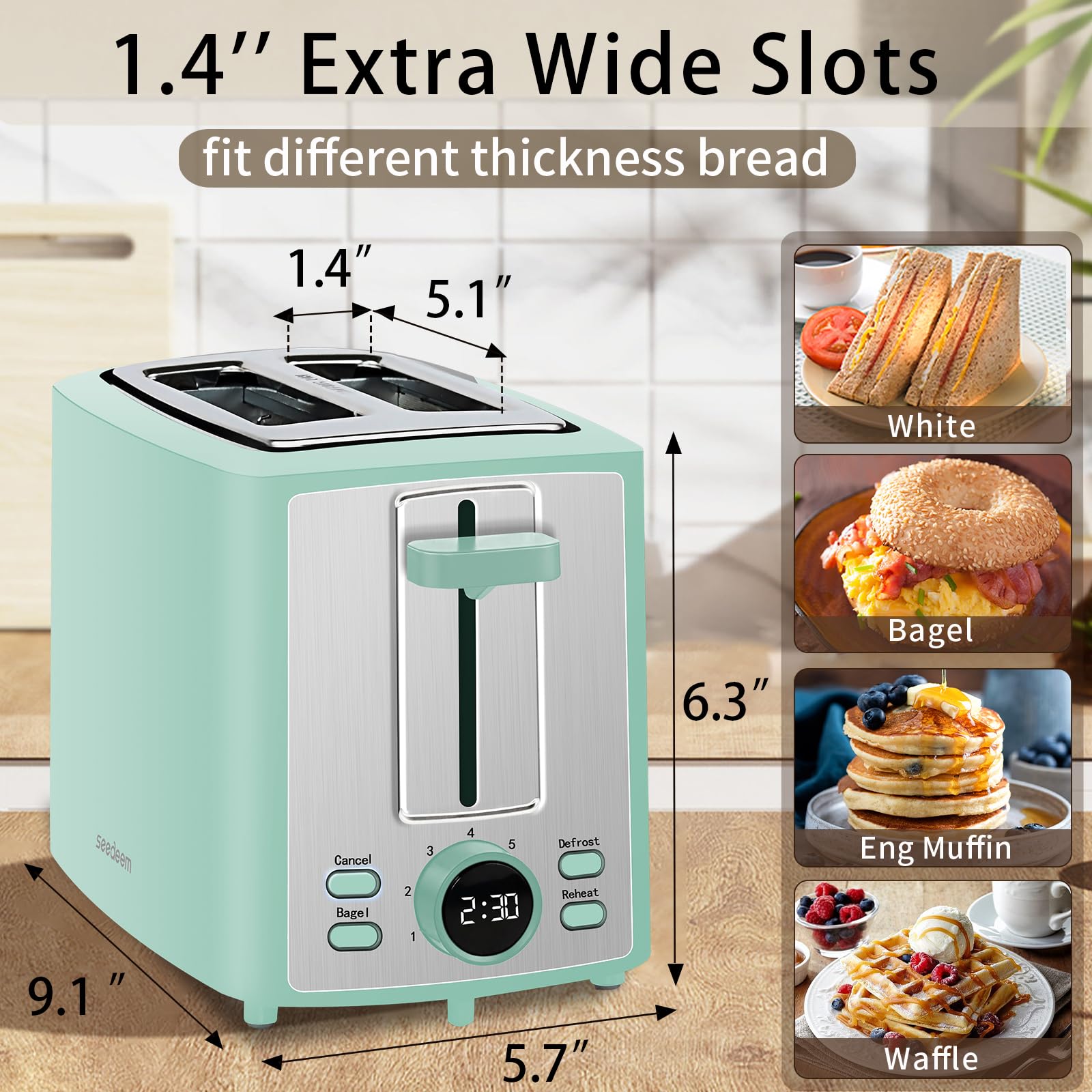 SEEDEEM Toaster 2 Slice, Bread Toaster with LCD Display, 7 Shade Settings, 1.４'' Variable Extra Wide Slots Toaster with Cancel, Bagel, Defrost, Reheat Functions, Removable Crumb Tray, 900W, Azure Blue