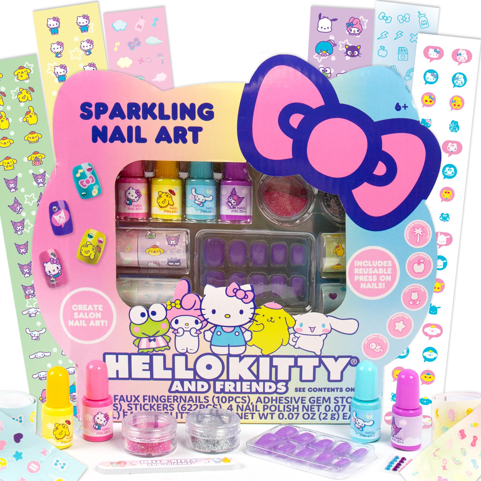 Hello Kitty and Friends Sparkling Nail Art Kit, DIY Hello Kitty Nails, Kids Nail Polish Set for Girls, Kids Makeup Set & Toy for Girls Age 6+, Hello Kitty and Friends Nail Stickers
