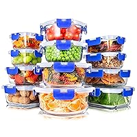 24-Piece Food Storage Containers - Superior Glass Food Storage Set, Stackable Design with Newly Innovated Hinged Locking lids, 11 To 35 Oz. Capacity, Blue - SLGL24BL