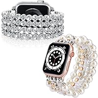 VISOOM 2 Pcs Bling Bracelet Compatible for Apple Watch Band Series 7 45mm/44mm/42mm Series SE/6 Women Dressy Jewelry Diamond Beads Handmade Elastic Stretch Strap for iWatch Series 5/4/3/2/1