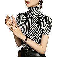 Striped Lace Tops for Women, Summer Fashion Sexy High Neck Short Sleeve Mesh Patchwork Blouses Elegant Work Shirts