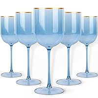 Blue Plastic Wine Glasses With Gold Rim - 12oz (5-Pack) Reusable, Disposable Cups for Parties and Events