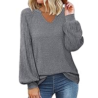 Womens Pullover Sweaters 2023 Casual Long Sleeve V Neck Loose Knit Tops