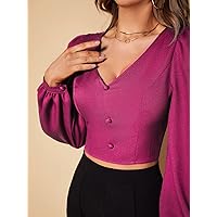 Jeans for Women Button Front Lantern Sleeve Crop Blouse Jeans for Women (Color : Red Violet, Size : X-Large)