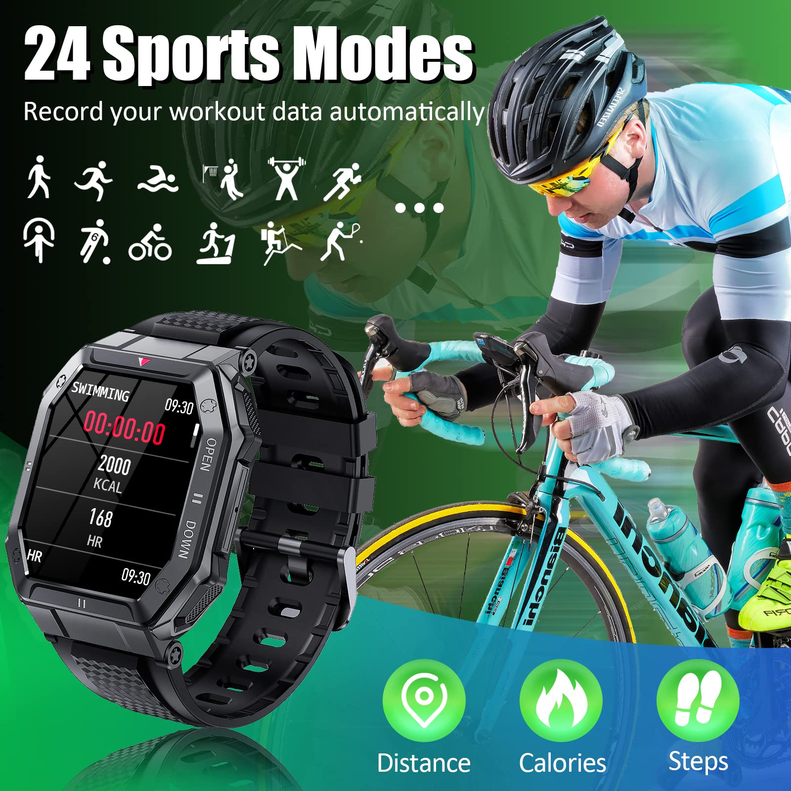 Military Smart Watch for Men 100M Waterproof Rugged Tactical Smart Watch 1.85 Inch HD Outdoor Sports Fitness Tracker Watch with Heart Rate Sleep Monitor Pedometer Smartwatch NO BLUETOOTH CALLING