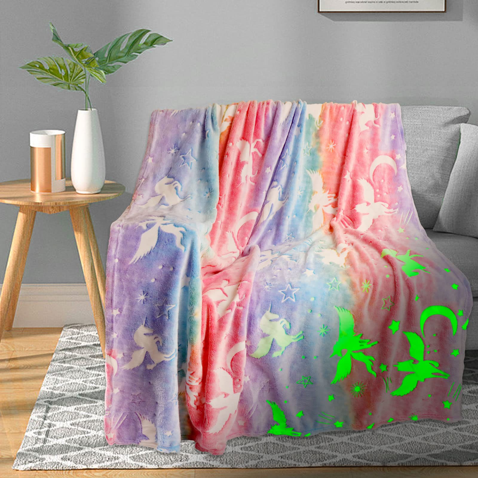 Unicorn Glow in The Dark Blanket for Kids - Rainbow Blankets for Girls