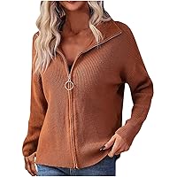Women Collared Full Zip Fall Sweater Solid Long Sleeve Athleisure Cardigan Coat Trendy Loose Fit Jacket Outerwear