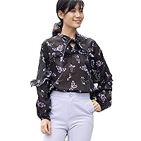 Womens Button Shirt Evanca Floral Ruffle Tie Collar Blouse with Cuffed Sleeves