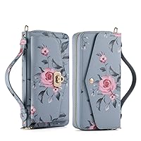 Multifunction Wallet Case for iPhone 11 Pro,Large Capacity Floral Pattern Leather Zipper Clutch Bag Case Blue