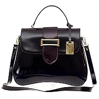 AURA Italian Made Black & Brown Patent Leather Handbag with Buckle