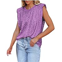 Womens Summer Fashion Sequin Tops Crew Neck Sequin Sparkle Shimmer Sleeveless Tanks Tops Loose Fit Party Club Blouses