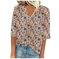 3/4 Sleeve Shirt Ladies Blouse V-Neck Tunic Dressy 2024 Tee Print Casual Fashion Tshirt Breathable Summer Tops