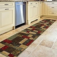 Machine Washable Boxes Design Non-Slip Rubberback 2x7 Traditional Runner Rug for Hallway, Kitchen, Bedroom, Living Room, 1'10