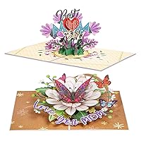Paper Love Mothers Day Pop Up Cards 2 Pack - Includes 1 Floral Best Mom Ever and 1 Love You Mom Butterfly, For Mother, Wife, Anyone - Includes Envelope and Note Tag
