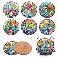 Puraikcmi 6pcs Succulent DIY Diamond Art Painting Kits Coasters with Holder, Diamond Art Coasters by Number for Kids and Adults Full Drill Round Mosaic Stitch Craft Supplies (Cactus Plants)