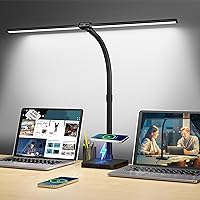 LED Desk Lamp for Home Office, 24W Double Head Desk Light with Wireless Charging, USB Port, 25 Lighting Modes Adjustable Gooseneck Lamps