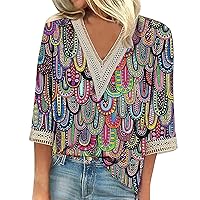 Womens Summer Outfits, Women Tops T-Shirts Ladies Tunic Three Quarter Sleeve Trendy V-Neck Tee Panel Collar Tshirt Women's Lace Trims Print Loose Lace Trims Tops Country Shirts (Multicolor,XX-Large)