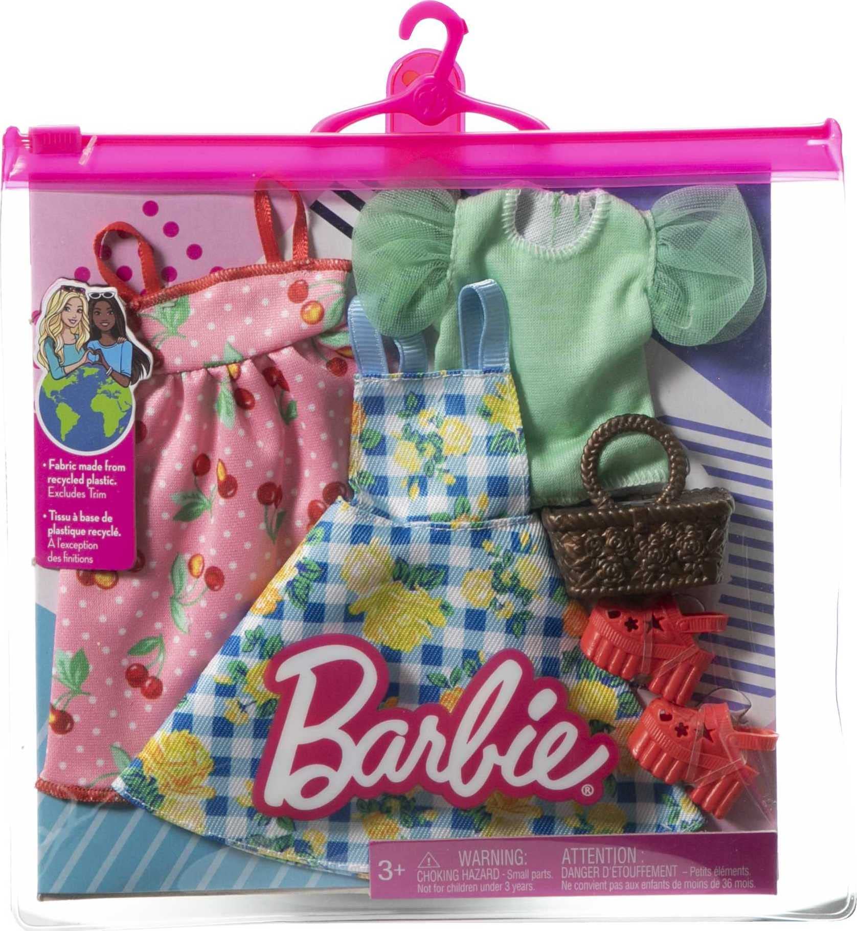 Barbie Fashions Doll Clothes and Accessories Set, 2 Picnic-Themed Dresses with Basket and Shoes for 2 Complete Outfits
