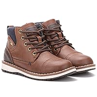 Footwear Boy’s Fashion Classic Lace Up Combat Faux Leather High-Top Chukka Boots w/Pull Tab, Cap-Toe, Block Heel Platform, Thermoplastic Rubber Outsole