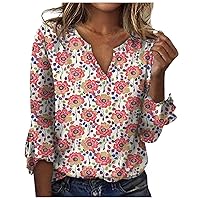 Outfits for Women Women's Loose Casual Three-Quarter Sleeves V-Neck Lace Floral Print T-Shirt Top
