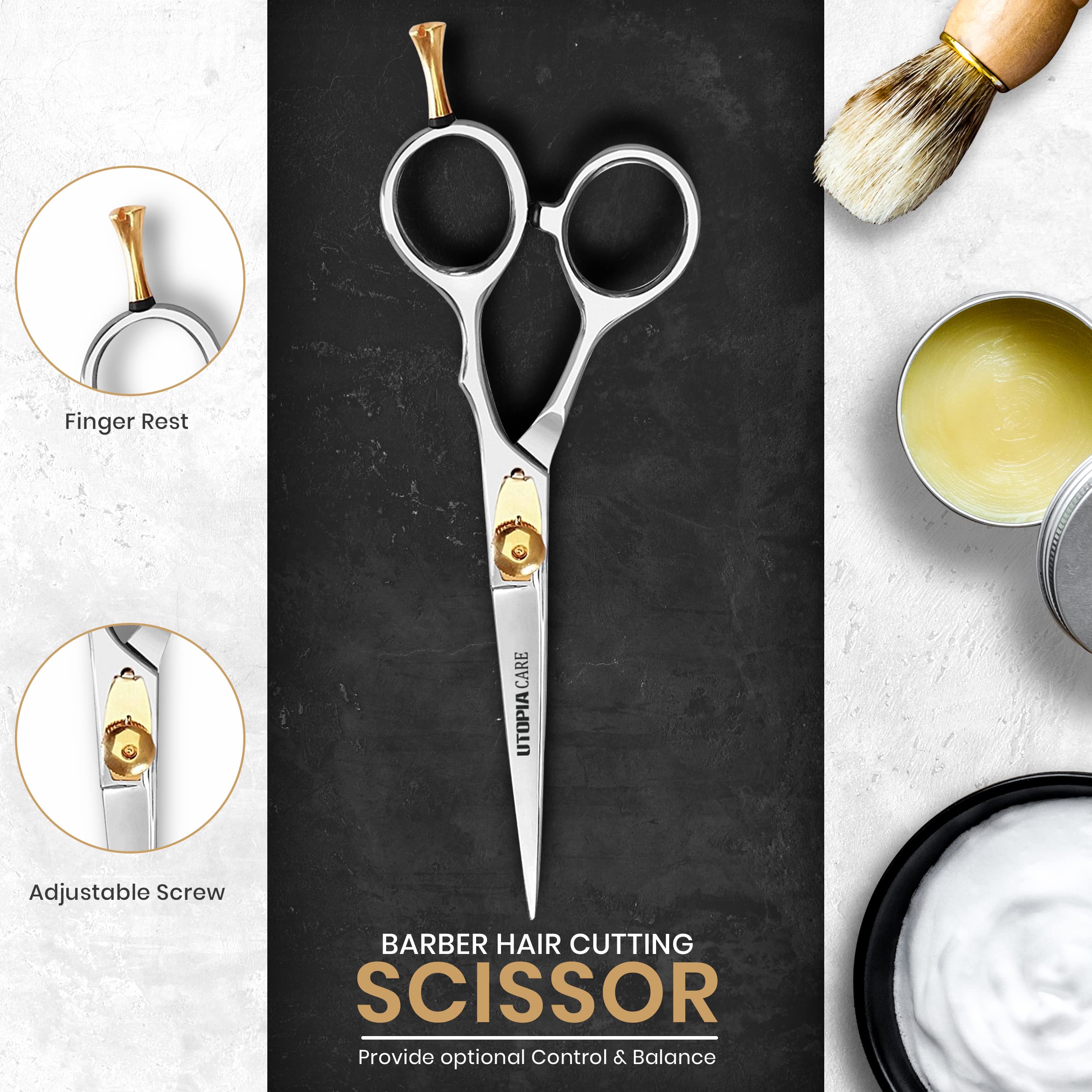 Utopia Care Hairdressing Scissors Hair Scissors 6.5 Inch | Premium Stainless Steel Razor Hair Cutting Scissor with Adjustable Tension Screw and Detachable Finger Rest for Men, Women, Barber (Silver)