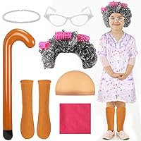 8 Pcs Old Lady Costume for Kids Girls 100th Day of School Grandma Costume Accessories Dress Granny Wig Crutch Glasses (Floral,7-10 Years)