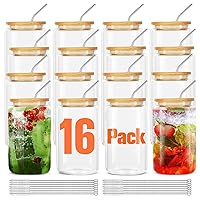 [16Pcs Set] Glass Cups With Bamboo Lids And Straws,16Oz Glass Water Bottles Glass Jars Cups Drinking Glasses, Beer Glasses Ice Coffee Glasses For Juicing Coffee Soda Tea