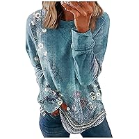 Women's Brunch Outfits Round Neck Tops Cotton Casual Fashion Floral Print Long Sleeve O-Pullover Top Blouse, S-5XL