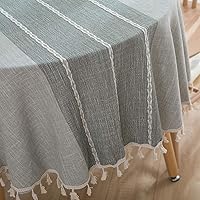 ColorBird Stitching Tassel Tablecloth Heavy Weight Cotton Linen Dust-Proof Table Cover for Kitchen Dinning Tabletop Decoration (Round, 60 Inch, Grey)