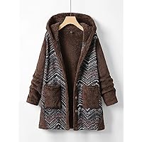 Plus Size Womens Jackets Plus Chevron Pattern Double Pocket Hooded Flannel Coat Plus Size Jackets (Color : Chocolate Brown, Size : XX-Large)