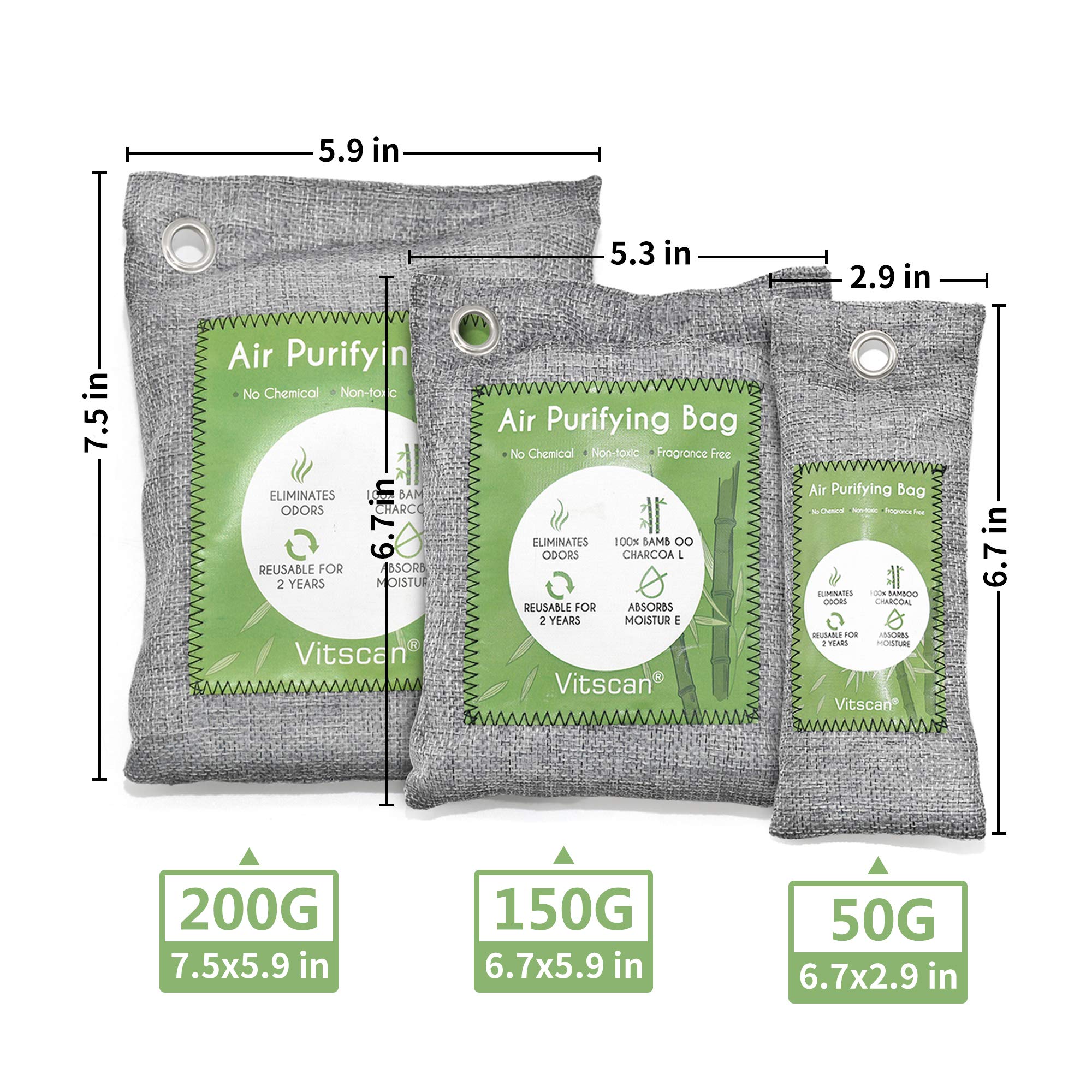 12 Pack Bamboo Charcoal Air Purifying Bag, Activated Charcoal Bags Odor Absorber, Moisture Absorber, Natural Car Air Freshener, Shoe Deodorizer, Odor Eliminators For Home, Pet, Closet (6x50g, 6x150g)