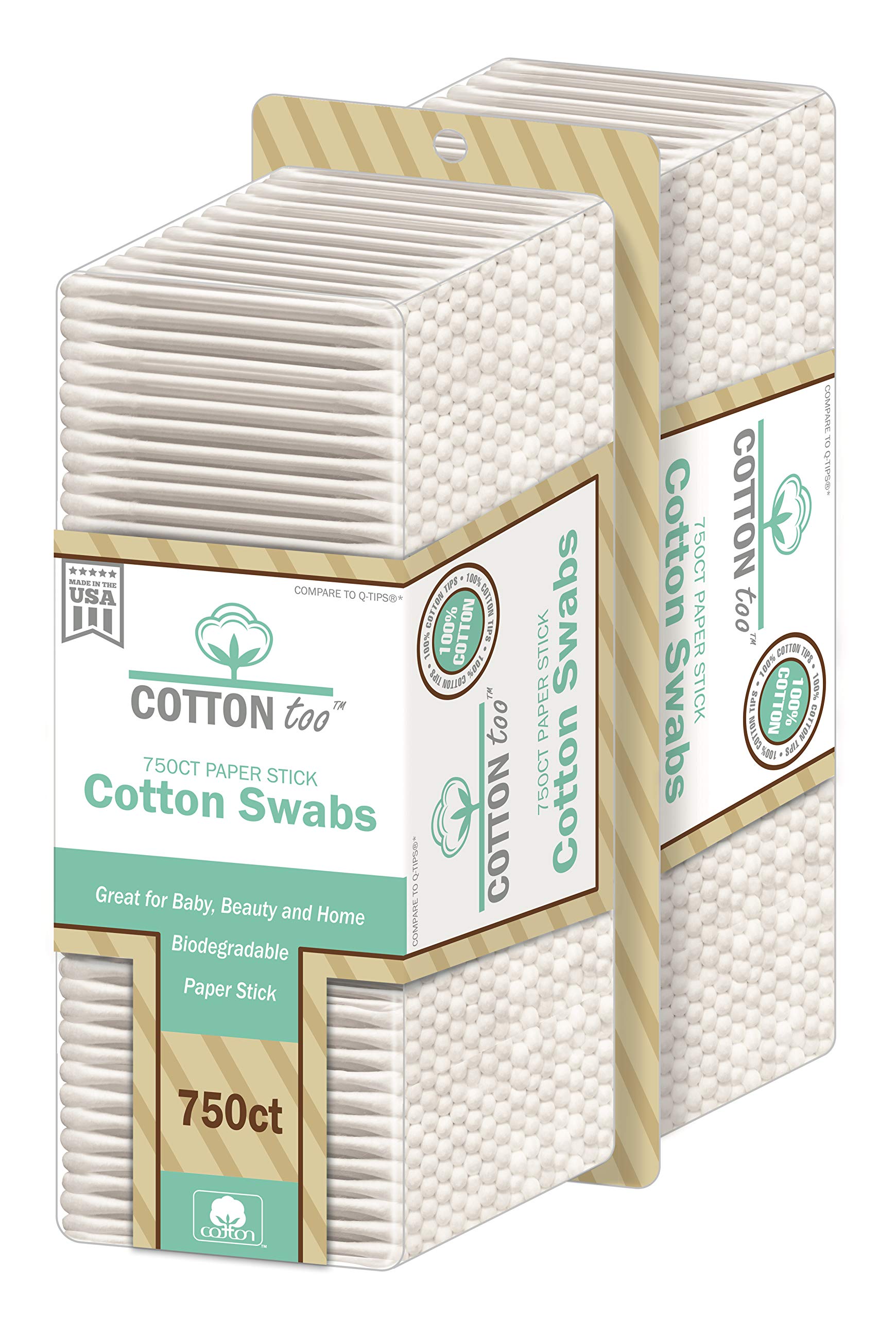Cotton Too 750 Count Cotton Swabs With White Paper Stick, 2 Pack